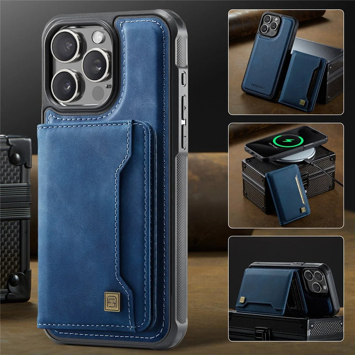 AUTSPACE For iPhone 14 Pro Max Case  A13 Vintage Leather Back Cover with Magnetic Detachable Card Bag - Blue - 5