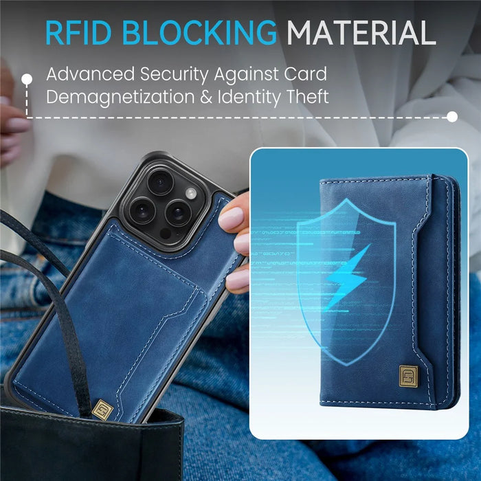 AUTSPACE For iPhone 14 Pro Max Case  A13 Vintage Leather Back Cover with Magnetic Detachable Card Bag - Blue - 6