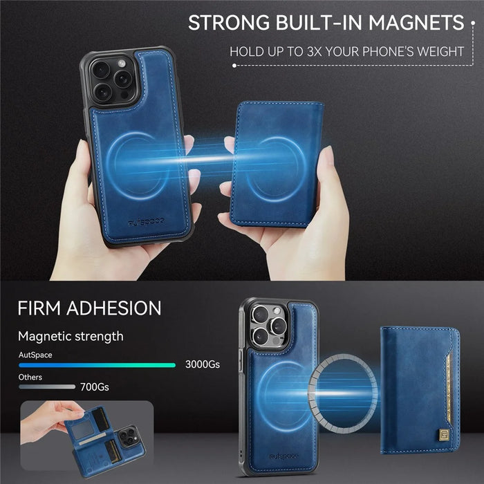 AUTSPACE For iPhone 14 Pro Max Case  A13 Vintage Leather Back Cover with Magnetic Detachable Card Bag - Blue - 7