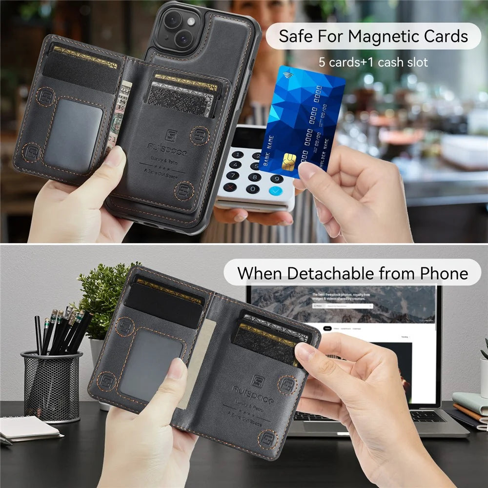 AUTSPACE For iPhone 13 6.1 inch Case  A13 Vintage Leather Back Cover with Magnetic Detachable Card Bag - Black - 4