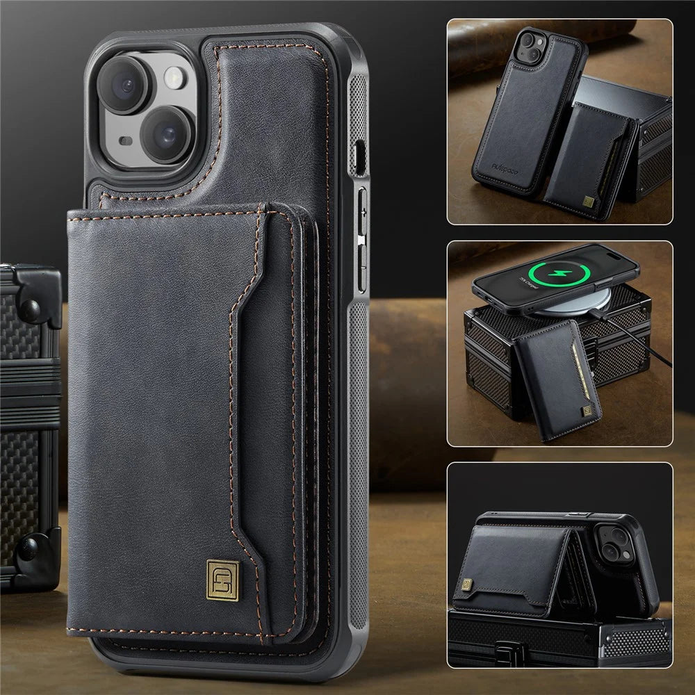 AUTSPACE For iPhone 13 6.1 inch Case  A13 Vintage Leather Back Cover with Magnetic Detachable Card Bag - Black - 5