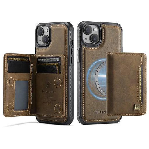 AUTSPACE For iPhone 14 Case  A13 Vintage Leather Back Cover with Magnetic Detachable Card Bag - Coffee - 1