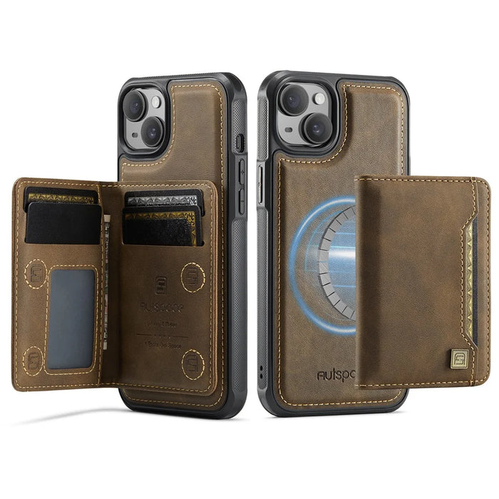 AUTSPACE For iPhone 14 Case  A13 Vintage Leather Back Cover with Magnetic Detachable Card Bag - Coffee - 1