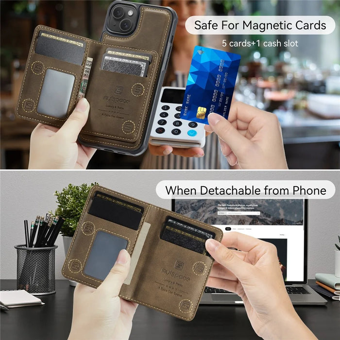 AUTSPACE For iPhone 14 Case  A13 Vintage Leather Back Cover with Magnetic Detachable Card Bag - Coffee - 4