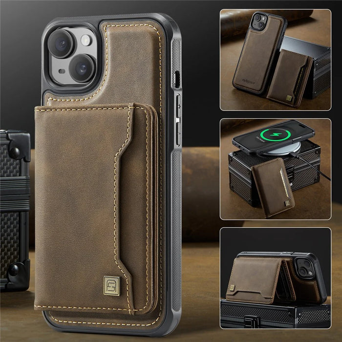 AUTSPACE For iPhone 14 Case  A13 Vintage Leather Back Cover with Magnetic Detachable Card Bag - Coffee - 5
