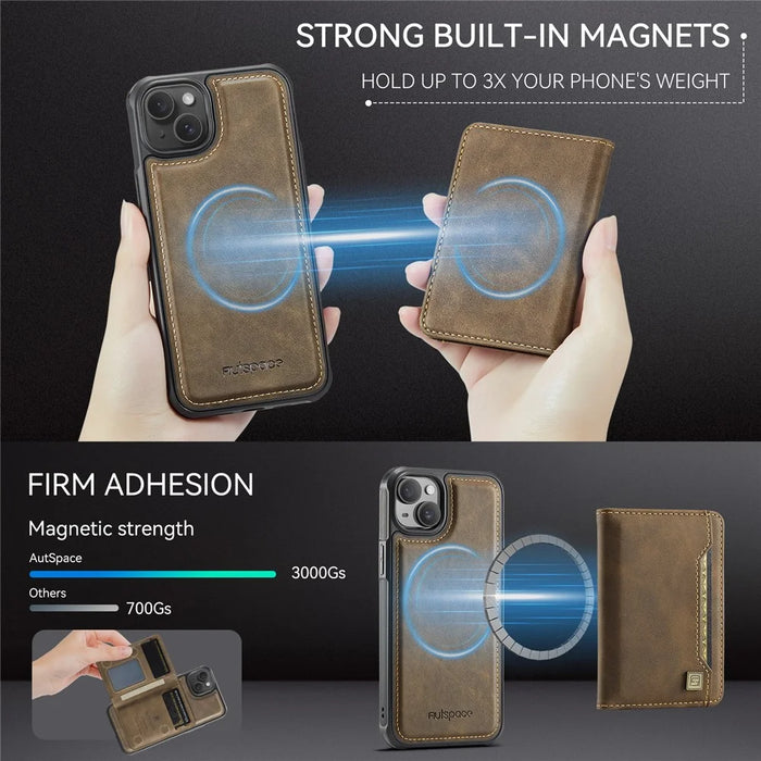 AUTSPACE For iPhone 14 Case  A13 Vintage Leather Back Cover with Magnetic Detachable Card Bag - Coffee - 7