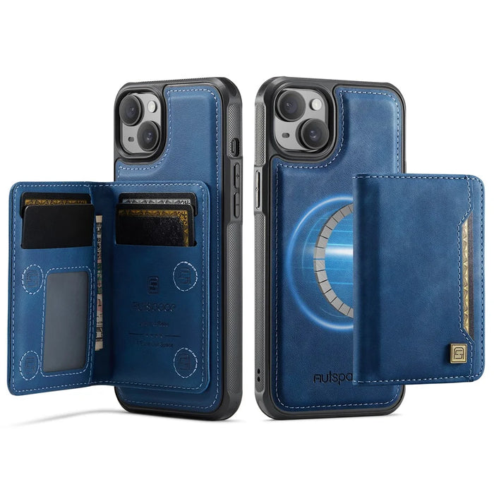 AUTSPACE For iPhone 14 Plus Case  A13 Vintage Leather Back Cover with Magnetic Detachable Card Bag - Blue - 1
