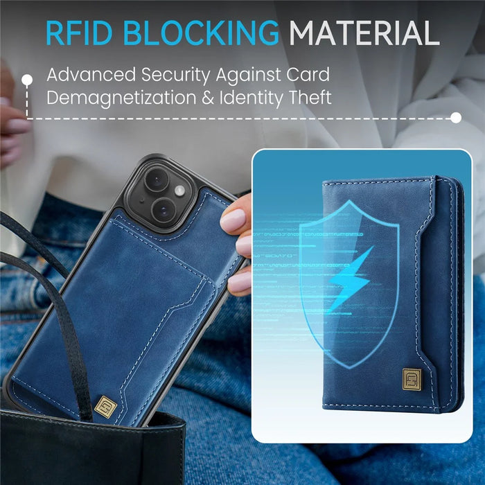AUTSPACE For iPhone 14 Plus Case  A13 Vintage Leather Back Cover with Magnetic Detachable Card Bag - Blue - 6