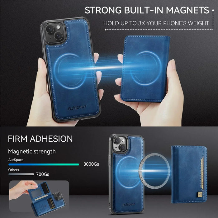 AUTSPACE For iPhone 14 Plus Case  A13 Vintage Leather Back Cover with Magnetic Detachable Card Bag - Blue - 7