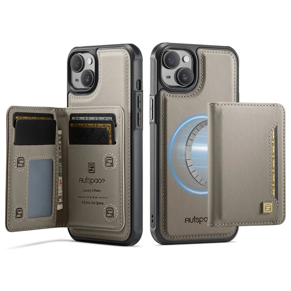 AUTSPACE For iPhone 15 Case  A13 Vintage Leather Back Cover with Magnetic Detachable Card Bag - Grey - 1