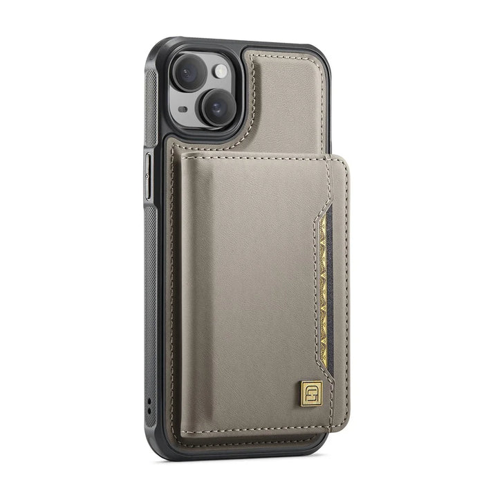 AUTSPACE For iPhone 15 Case  A13 Vintage Leather Back Cover with Magnetic Detachable Card Bag - Grey - 2