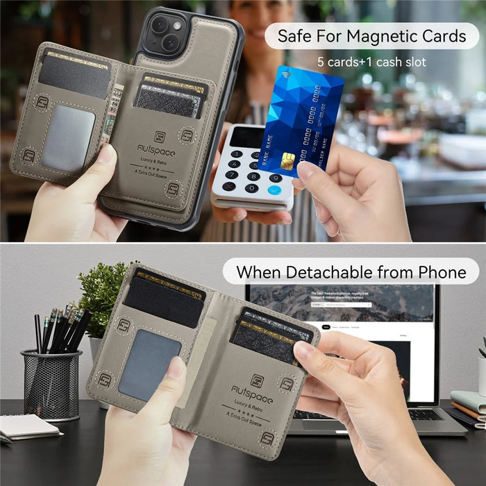 AUTSPACE For iPhone 15 Case  A13 Vintage Leather Back Cover with Magnetic Detachable Card Bag - Grey - 4
