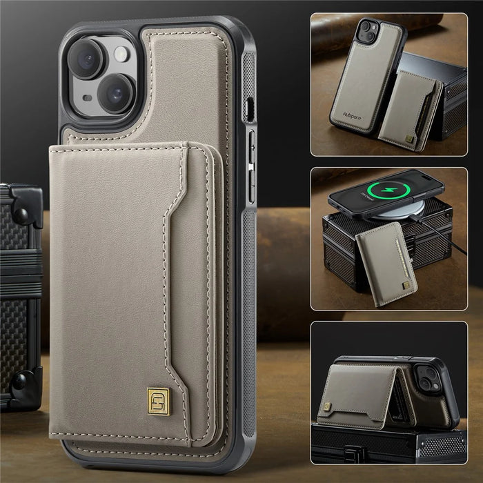 AUTSPACE For iPhone 15 Case  A13 Vintage Leather Back Cover with Magnetic Detachable Card Bag - Grey - 5