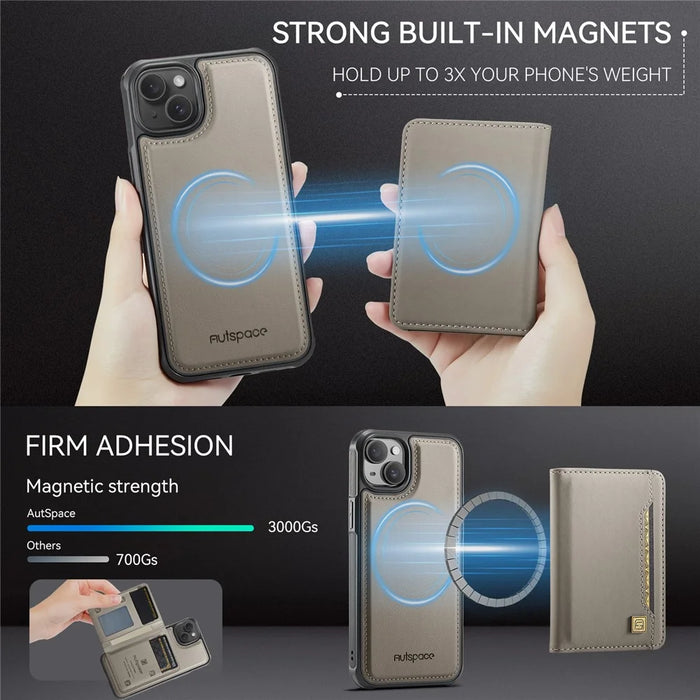 AUTSPACE For iPhone 15 Case  A13 Vintage Leather Back Cover with Magnetic Detachable Card Bag - Grey - 7