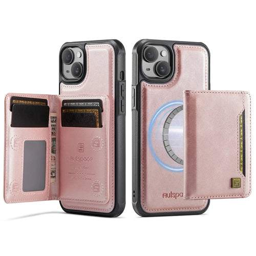 AUTSPACE For iPhone 15 Plus Case  A13 Vintage Leather Back Cover with Magnetic Detachable Card Bag - Rose Gold - 1