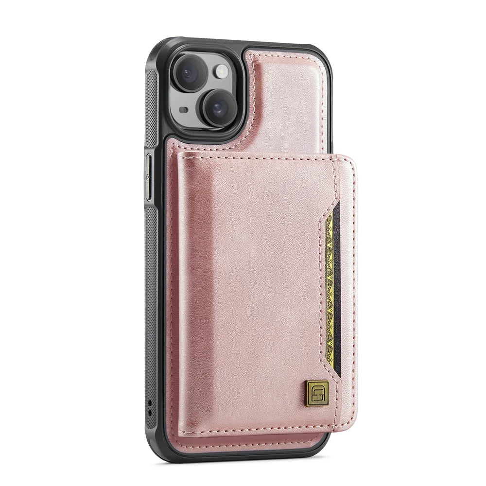 AUTSPACE For iPhone 15 Plus Case  A13 Vintage Leather Back Cover with Magnetic Detachable Card Bag - Rose Gold - 2