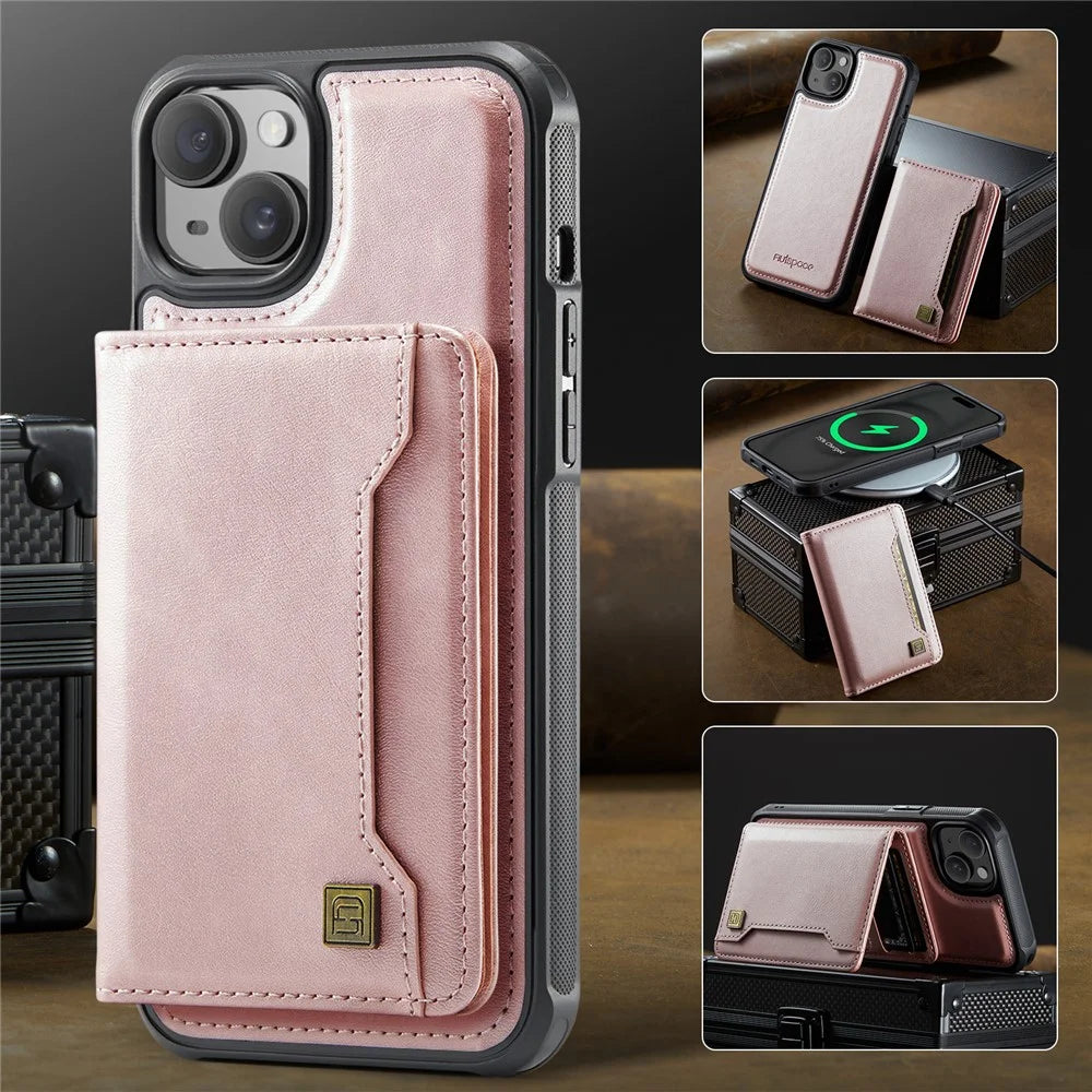 AUTSPACE For iPhone 15 Plus Case  A13 Vintage Leather Back Cover with Magnetic Detachable Card Bag - Rose Gold - 5