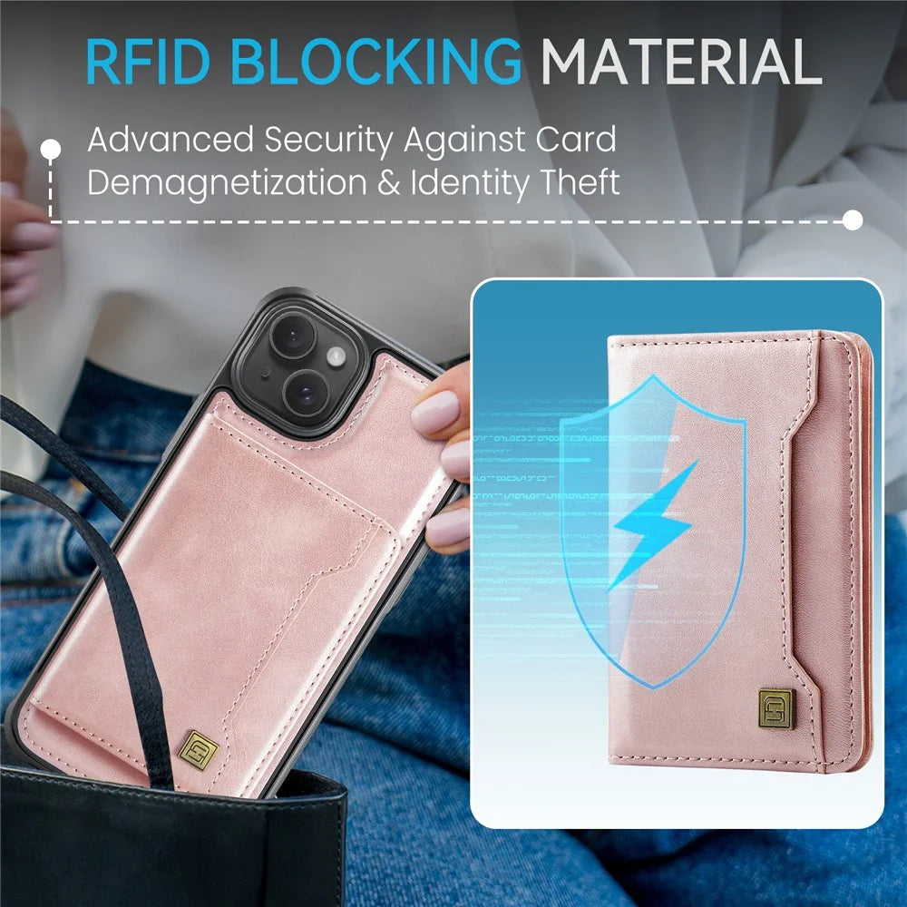 AUTSPACE For iPhone 15 Plus Case  A13 Vintage Leather Back Cover with Magnetic Detachable Card Bag - Rose Gold - 6