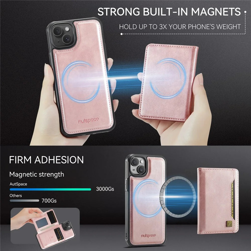 AUTSPACE For iPhone 15 Plus Case  A13 Vintage Leather Back Cover with Magnetic Detachable Card Bag - Rose Gold - 7