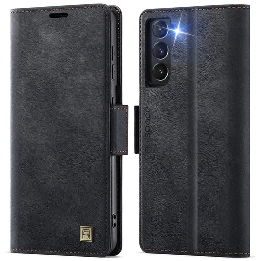 AUTSPACE For Samsung Galaxy S21 FE 5G Case  A11 RFID Blocking Retro Leather Cell Phone Wallet Cover - Black - 1