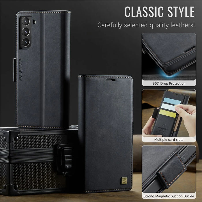 AUTSPACE For Samsung Galaxy S21 FE 5G Case  A11 RFID Blocking Retro Leather Cell Phone Wallet Cover - Black - 7