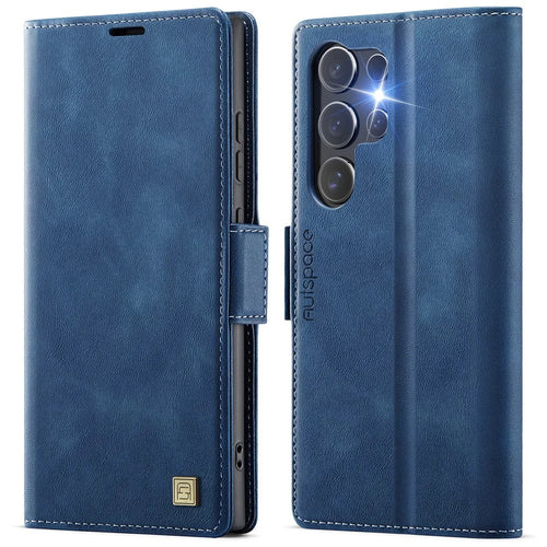 AUTSPACE For Samsung Galaxy S22 Ultra 5G Case  A11 RFID Blocking Retro Leather Cell Phone Wallet Cover - Blue - 1