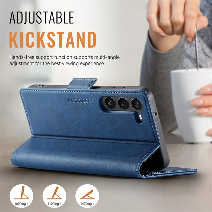 AUTSPACE For Samsung Galaxy S23+ Case  A11 RFID Blocking Retro Leather Cell Phone Wallet Cover - Blue - 5