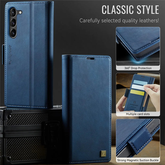 AUTSPACE For Samsung Galaxy S23+ Case  A11 RFID Blocking Retro Leather Cell Phone Wallet Cover - Blue - 7
