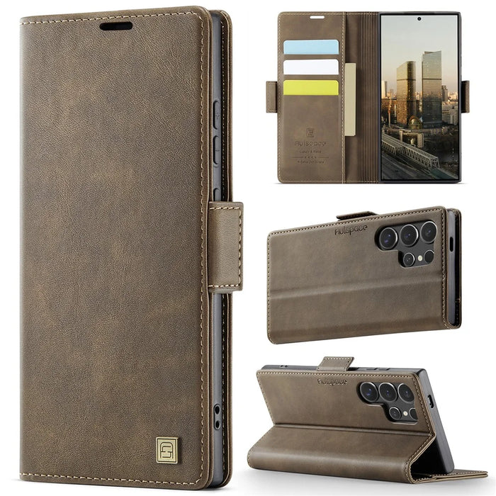 AUTSPACE For Samsung Galaxy S23 Ultra Case  A11 RFID Blocking Retro Leather Cell Phone Wallet Cover - Brown - 2