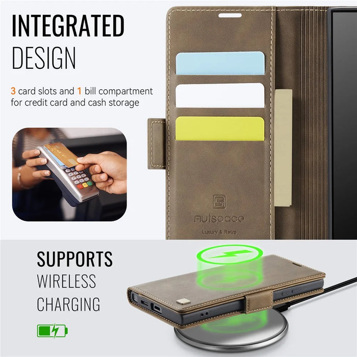 AUTSPACE For Samsung Galaxy S23 Ultra Case  A11 RFID Blocking Retro Leather Cell Phone Wallet Cover - Brown - 4