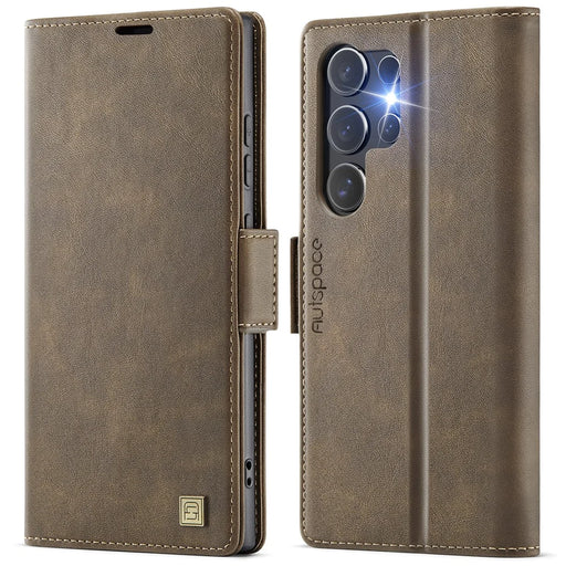 AUTSPACE For Samsung Galaxy S24 Ultra Case  A11 RFID Blocking Retro Leather Cell Phone Wallet Cover - Brown - 1