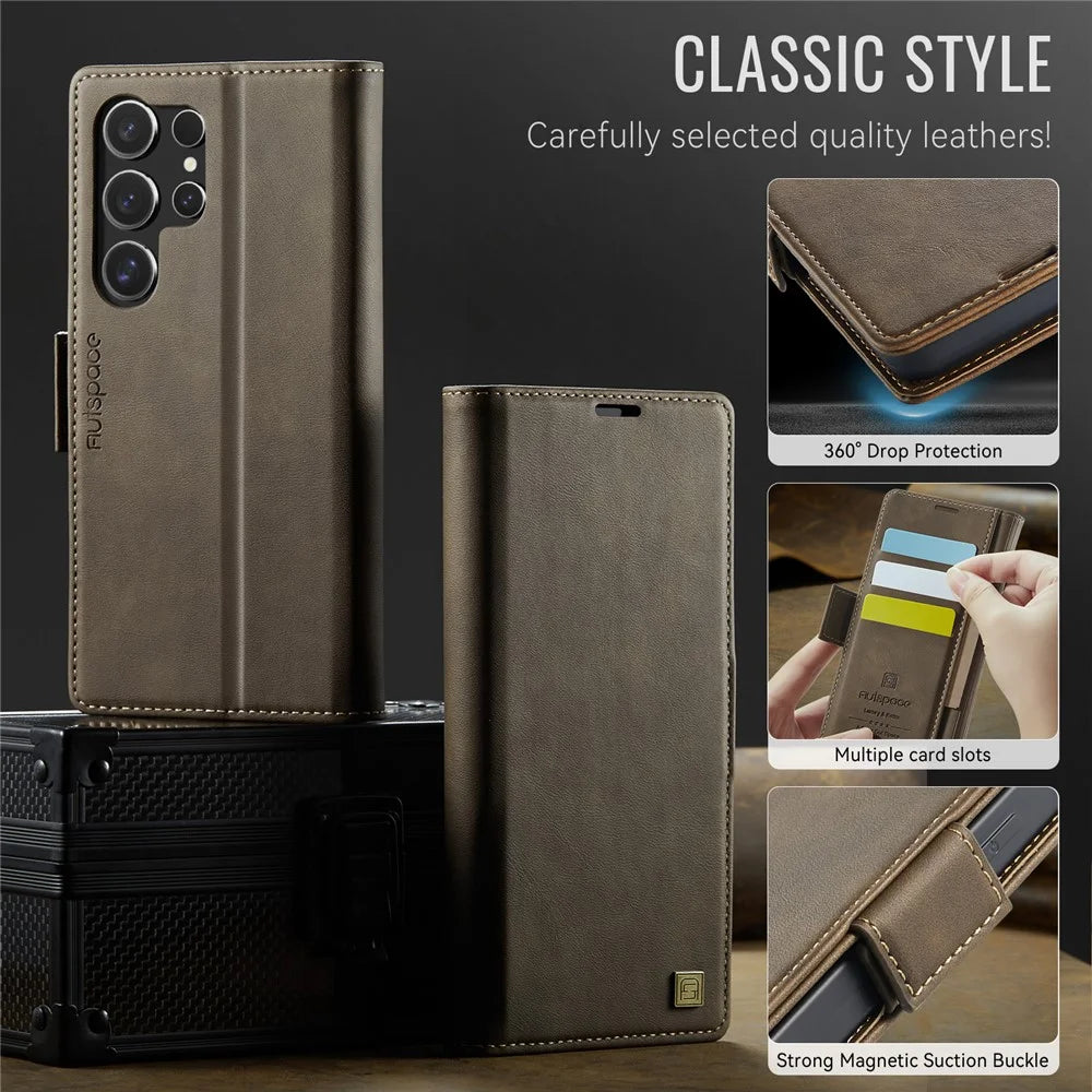 AUTSPACE For Samsung Galaxy S24 Ultra Case  A11 RFID Blocking Retro Leather Cell Phone Wallet Cover - Brown - 7