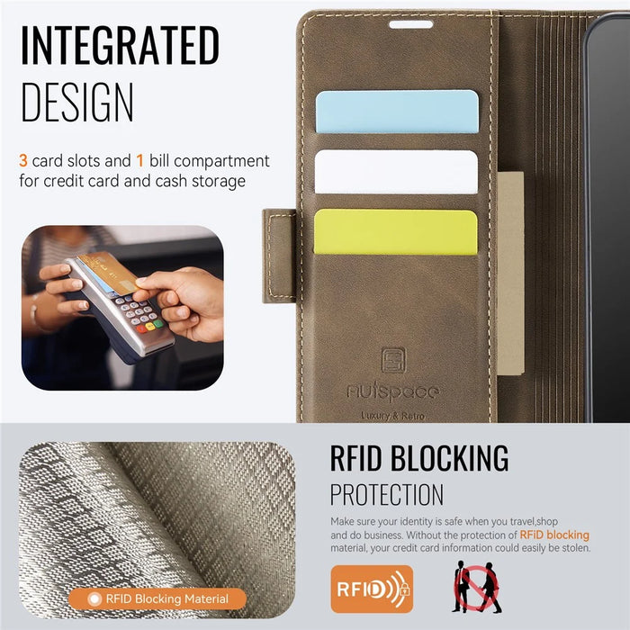 AUTSPACE For Samsung Galaxy A33 5G Case  A11 RFID Blocking Retro Leather Cell Phone Wallet Cover - Brown - 4