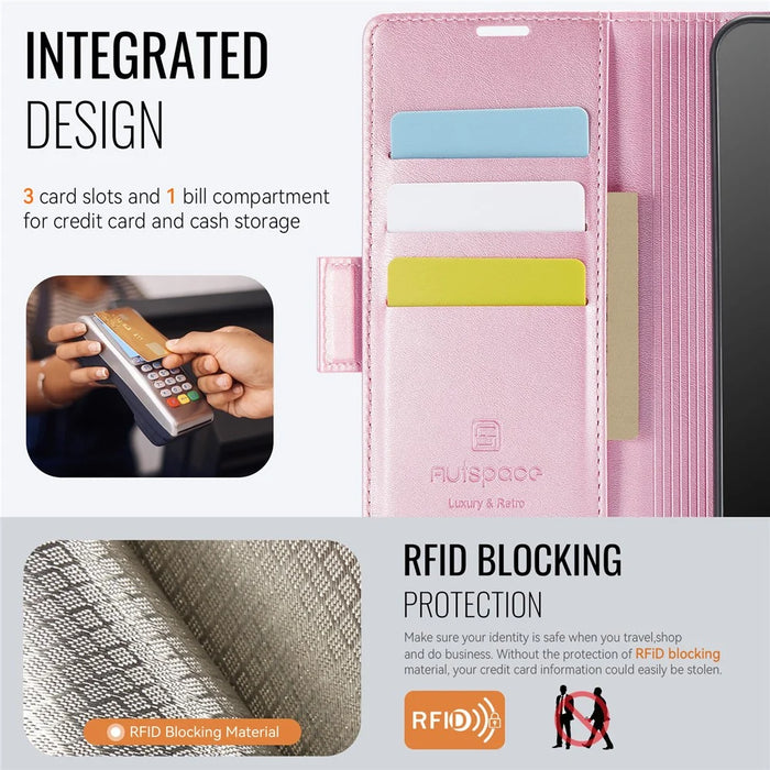 AUTSPACE For Samsung Galaxy A52 5G Case  A11 RFID Blocking Retro Leather Cell Phone Wallet Cover - Pink - 4