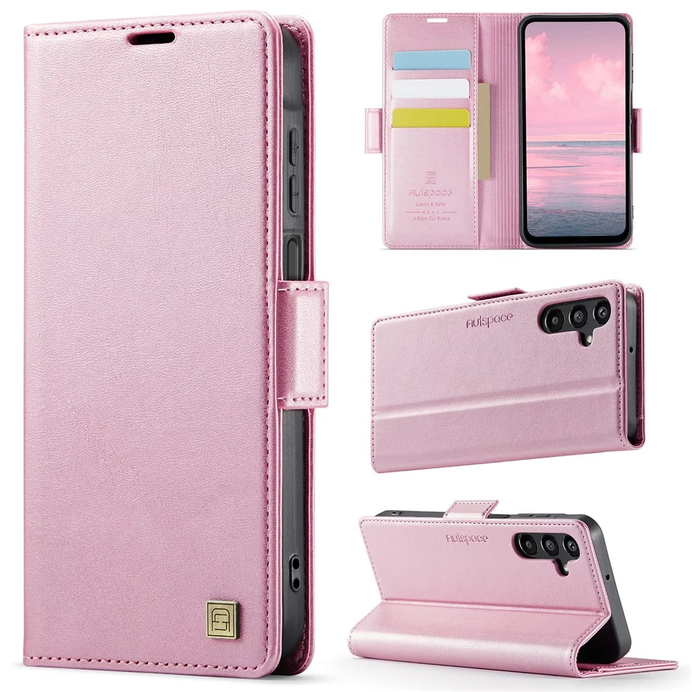 AUTSPACE For Samsung Galaxy A14 4G / Galaxy A14 5G Case  A11 RFID Blocking Retro Leather Cell Phone Wallet Cover - Pink - 2