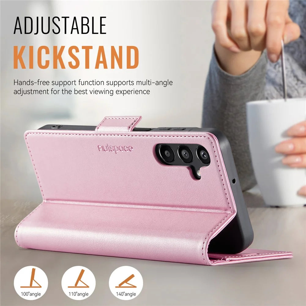 AUTSPACE For Samsung Galaxy A14 4G / Galaxy A14 5G Case  A11 RFID Blocking Retro Leather Cell Phone Wallet Cover - Pink - 5