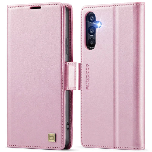 AUTSPACE For Samsung Galaxy A35 5G Case  A11 RFID Blocking Retro Leather Cell Phone Wallet Cover - Pink - 1