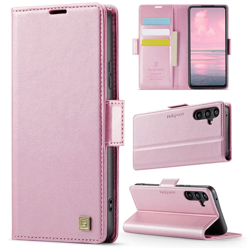 AUTSPACE For Samsung Galaxy A35 5G Case  A11 RFID Blocking Retro Leather Cell Phone Wallet Cover - Pink - 2