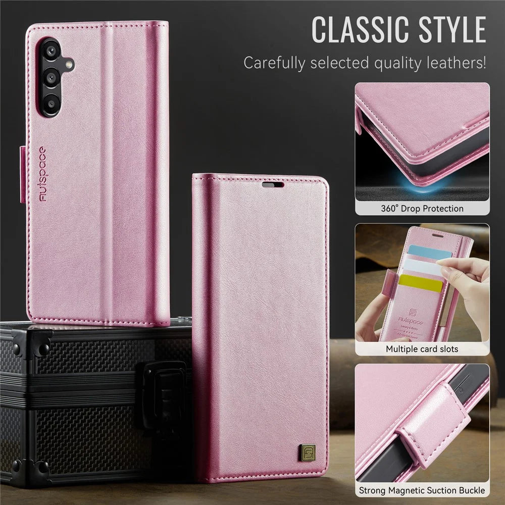 AUTSPACE For Samsung Galaxy A54 5G Case  A11 RFID Blocking Retro Leather Cell Phone Wallet Cover - Pink - 7