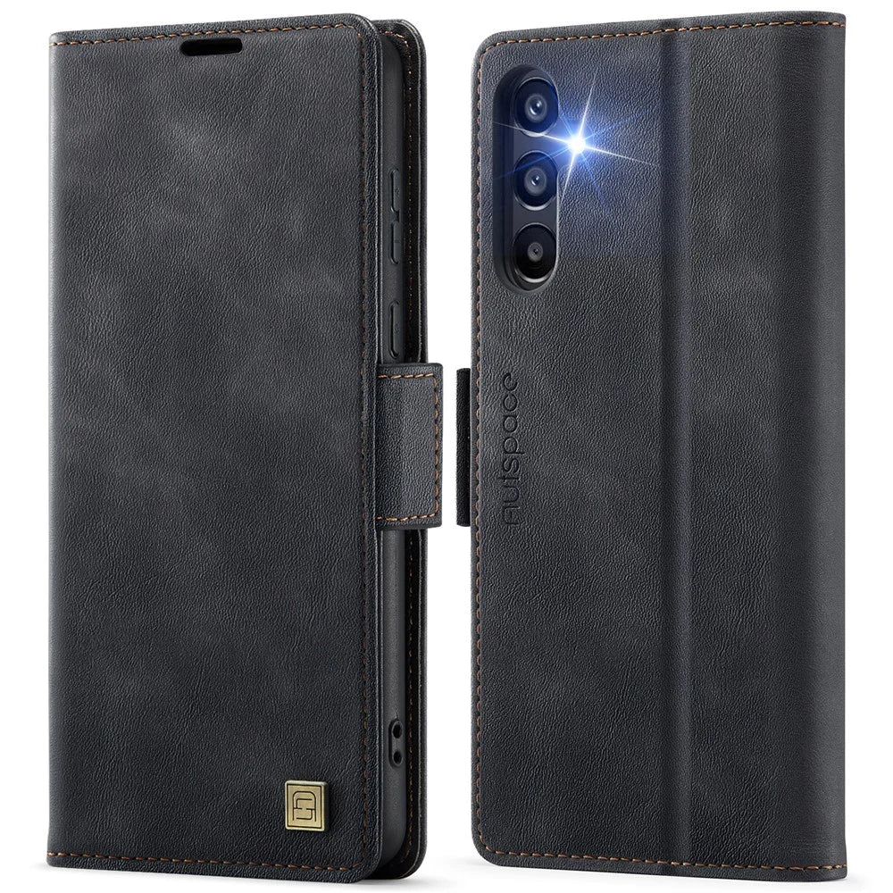 AUTSPACE For Samsung Galaxy A55 5G Case  A11 RFID Blocking Retro Leather Cell Phone Wallet Cover - Black - 1