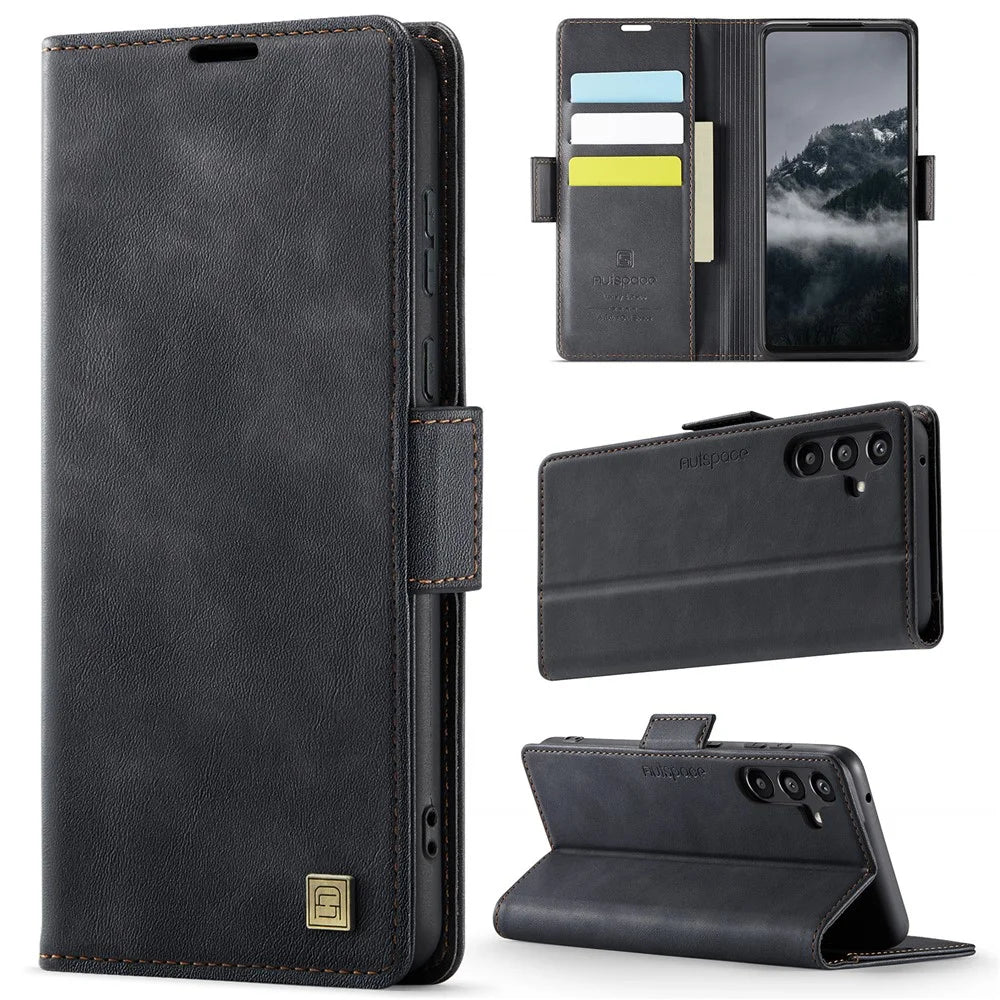 AUTSPACE For Samsung Galaxy A55 5G Case  A11 RFID Blocking Retro Leather Cell Phone Wallet Cover - Black - 2