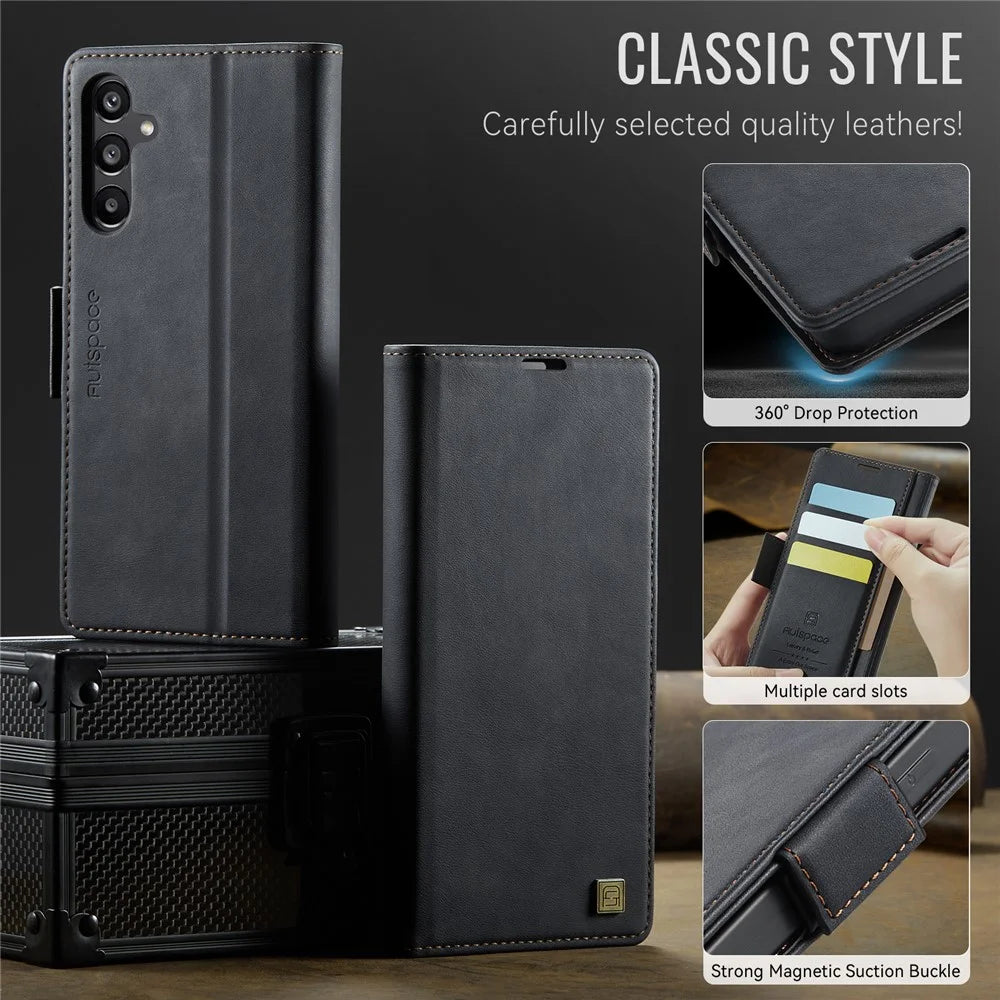 AUTSPACE For Samsung Galaxy A55 5G Case  A11 RFID Blocking Retro Leather Cell Phone Wallet Cover - Black - 4