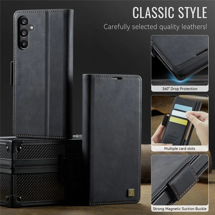 AUTSPACE For Samsung Galaxy A55 5G Case  A11 RFID Blocking Retro Leather Cell Phone Wallet Cover - Black - 4