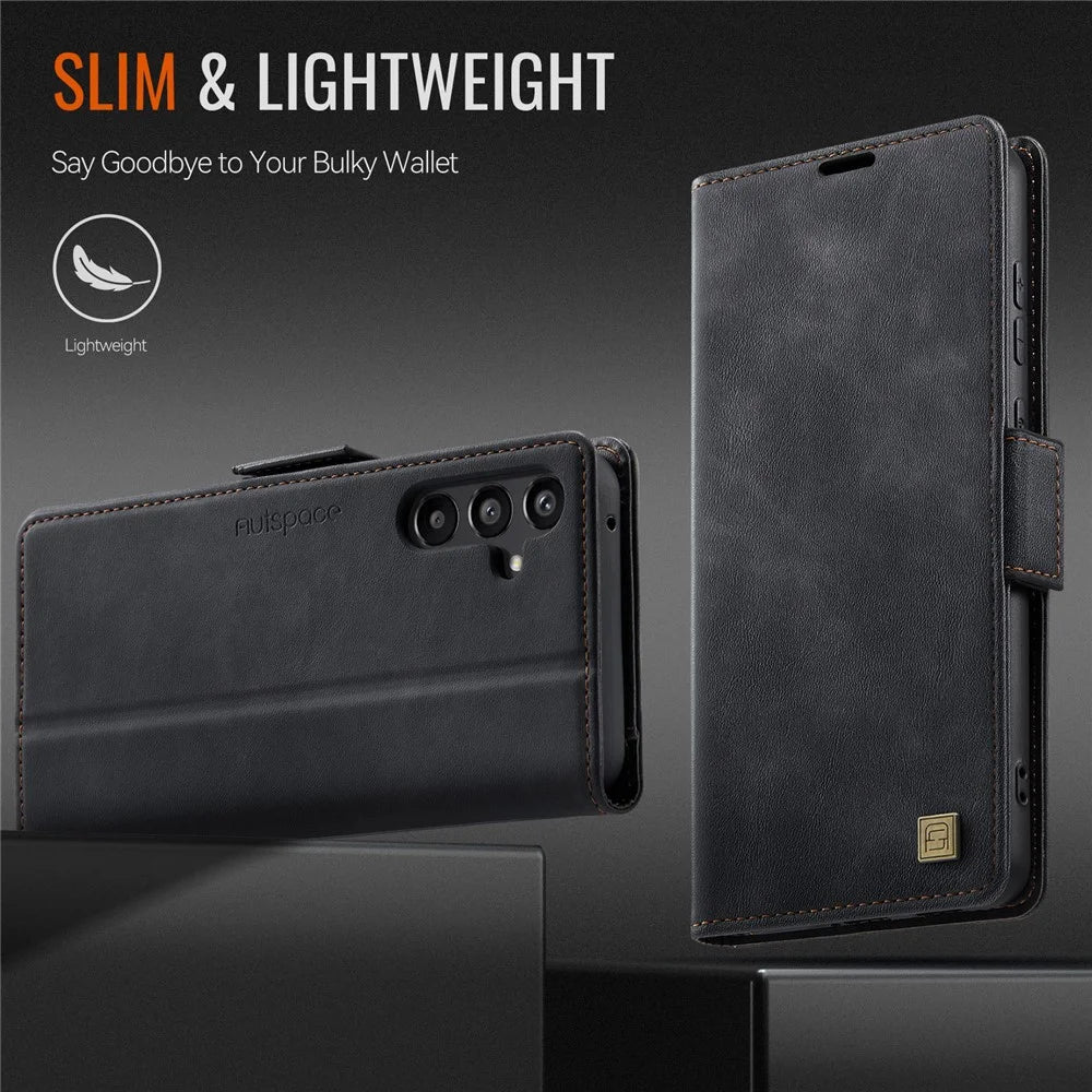 AUTSPACE For Samsung Galaxy A55 5G Case  A11 RFID Blocking Retro Leather Cell Phone Wallet Cover - Black - 5