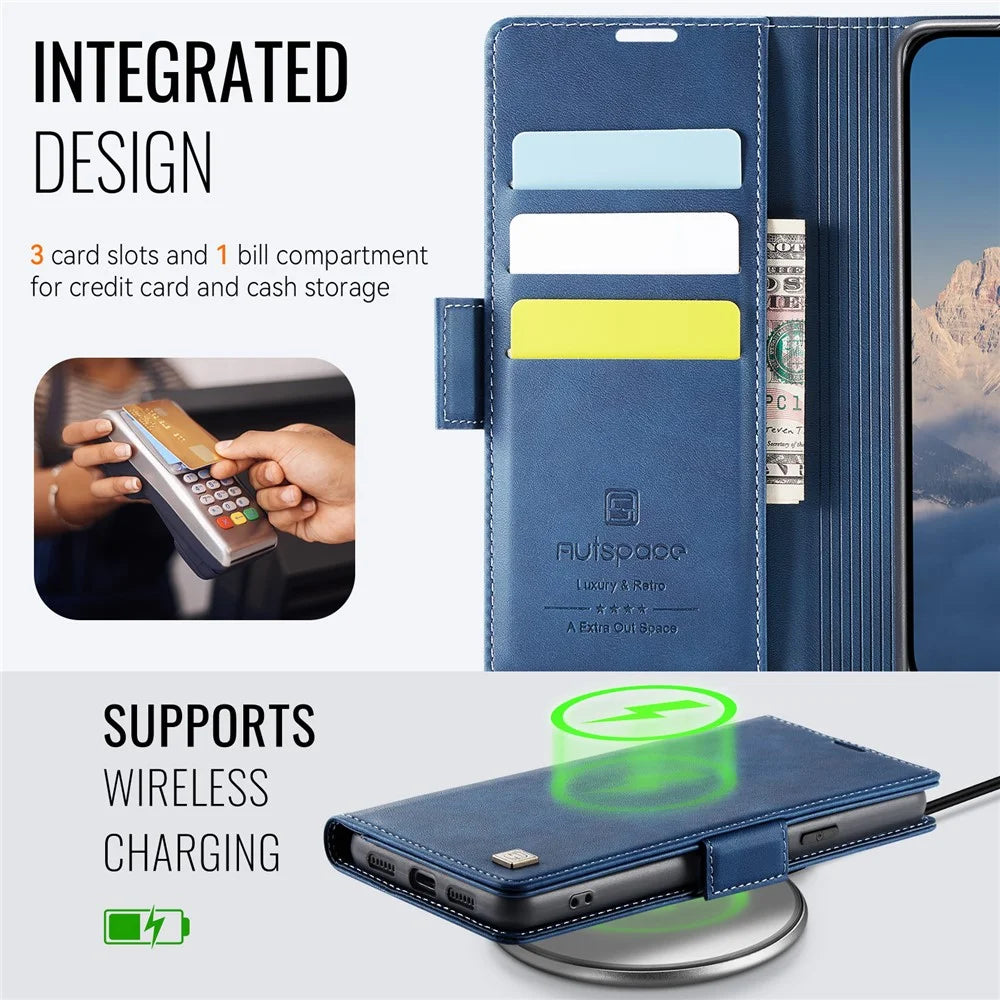 AUTSPACE For Google Pixel 8a Case  A11 RFID Blocking Retro Leather Cell Phone Wallet Cover - Blue - 4