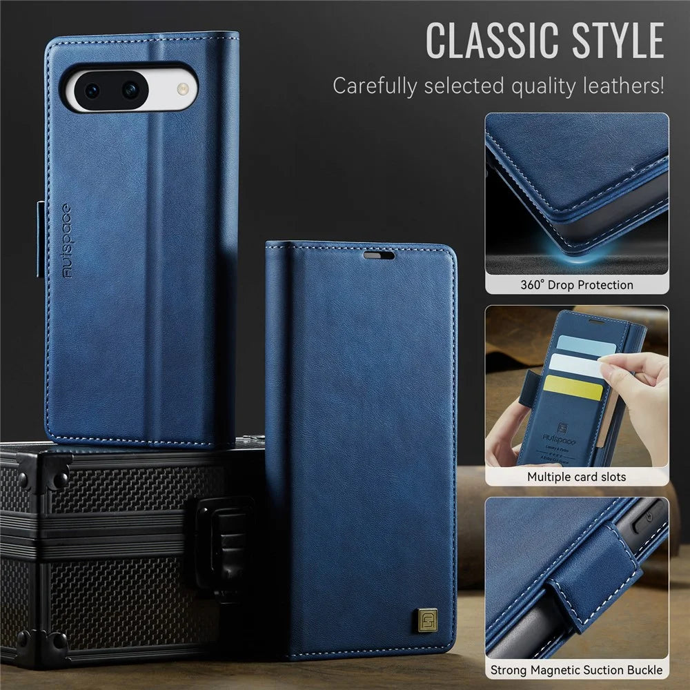 AUTSPACE For Google Pixel 8a Case  A11 RFID Blocking Retro Leather Cell Phone Wallet Cover - Blue - 7