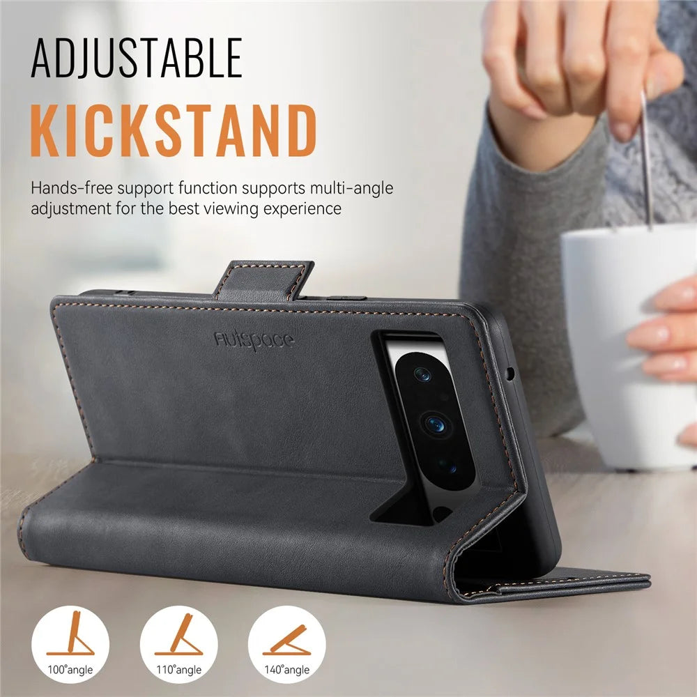 AUTSPACE For Google Pixel 8 Pro Case  A11 RFID Blocking Retro Leather Cell Phone Wallet Cover - Black - 5