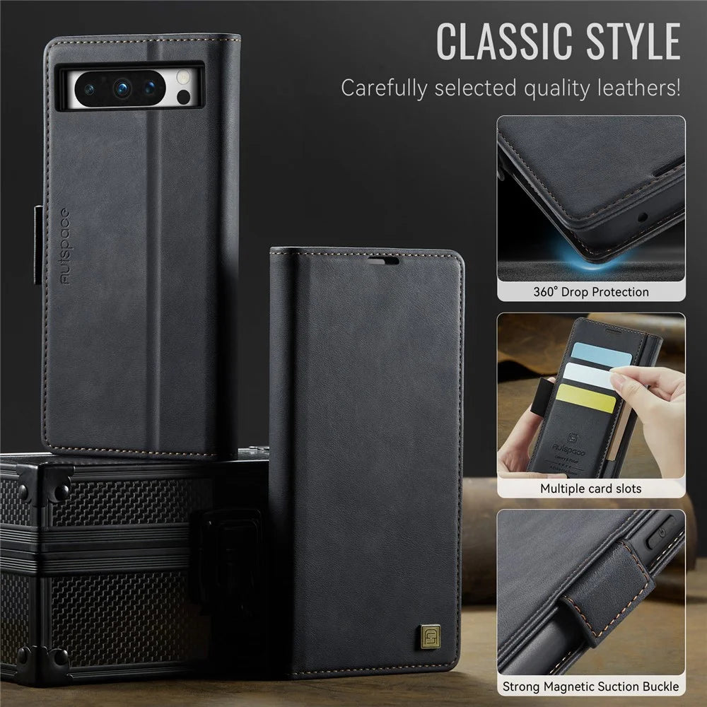 AUTSPACE For Google Pixel 8 Pro Case  A11 RFID Blocking Retro Leather Cell Phone Wallet Cover - Black - 7