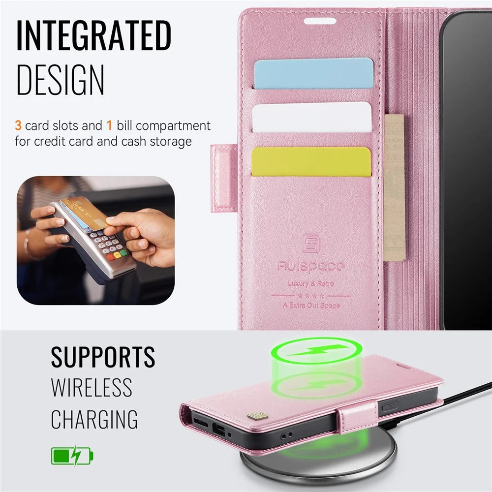 AUTSPACE For Google Pixel 9 Pro / Google Pixel 9 Case  A11 RFID Blocking Retro Leather Cell Phone Wallet Cover - Pink - 4