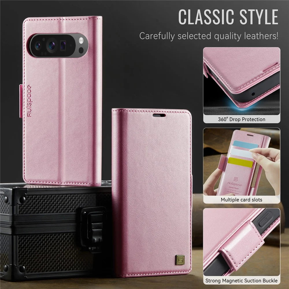 AUTSPACE For Google Pixel 9 Pro / Google Pixel 9 Case  A11 RFID Blocking Retro Leather Cell Phone Wallet Cover - Pink - 7